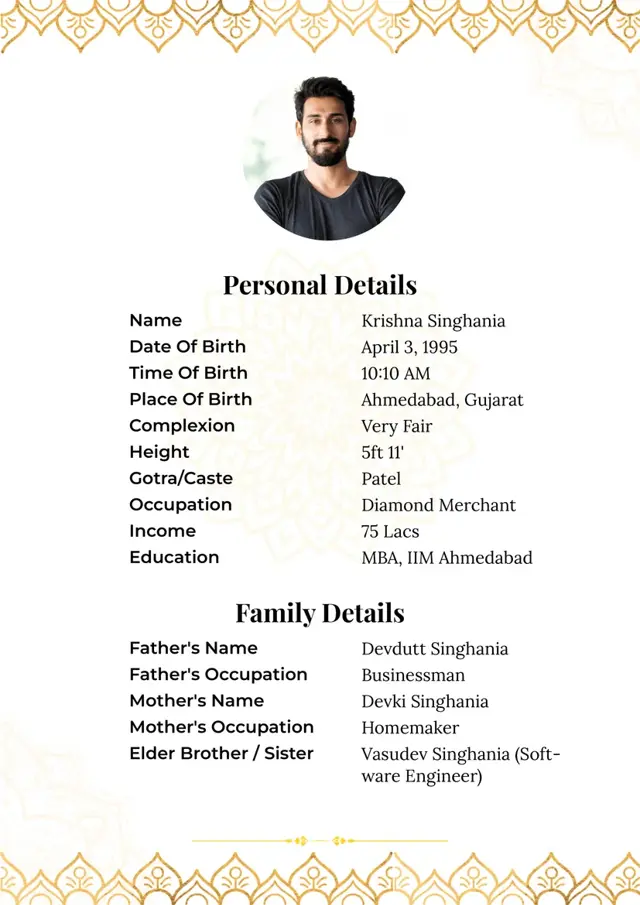 A Matrimonial biodata format featuring a regal gold leaf border pattern with a central design highlighted in light gold leaf for a truly opulent and sophisticated presentation.